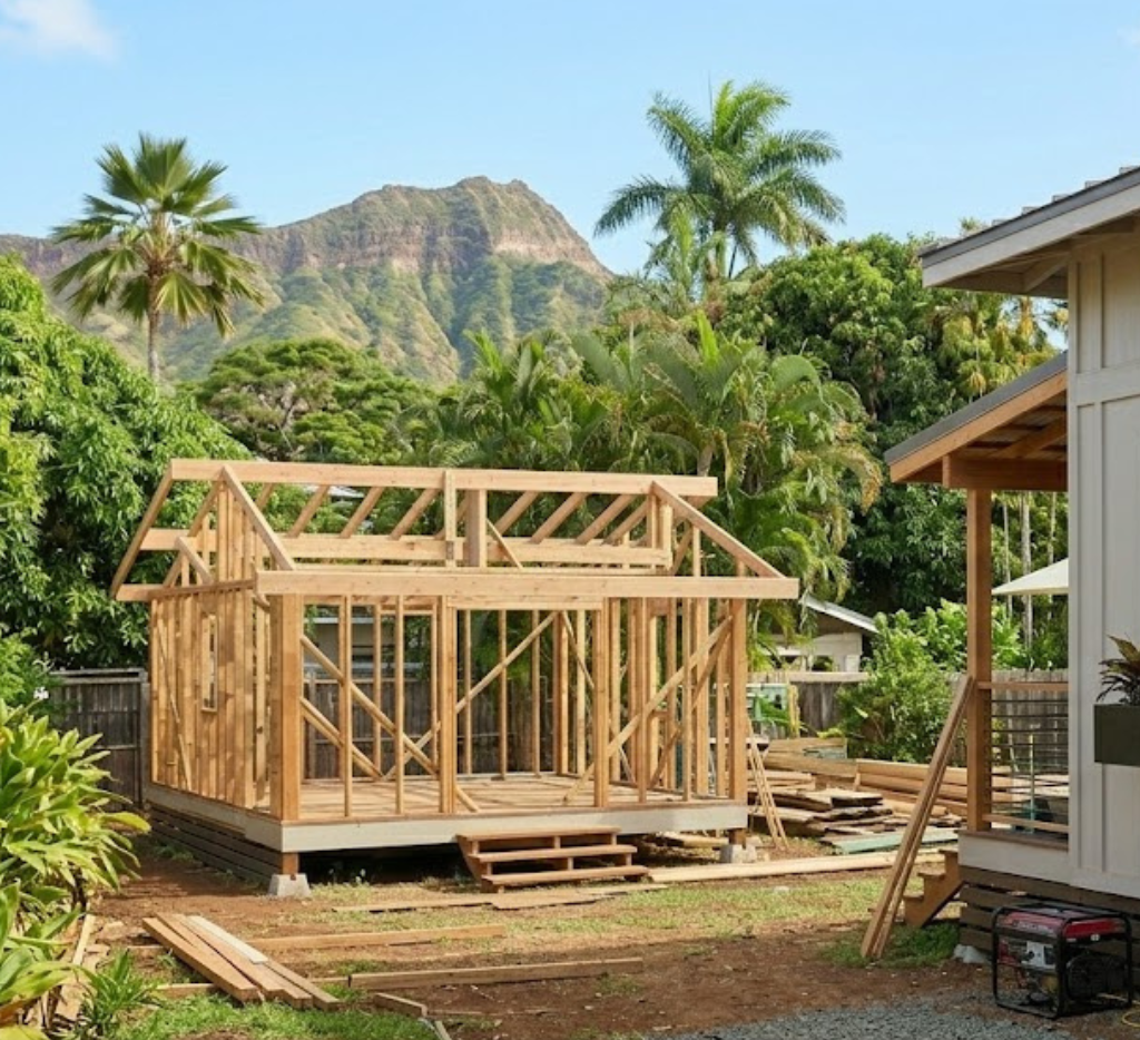 Wooden frame of a small ADU under construction in a tropical setting with a mountain in the background.