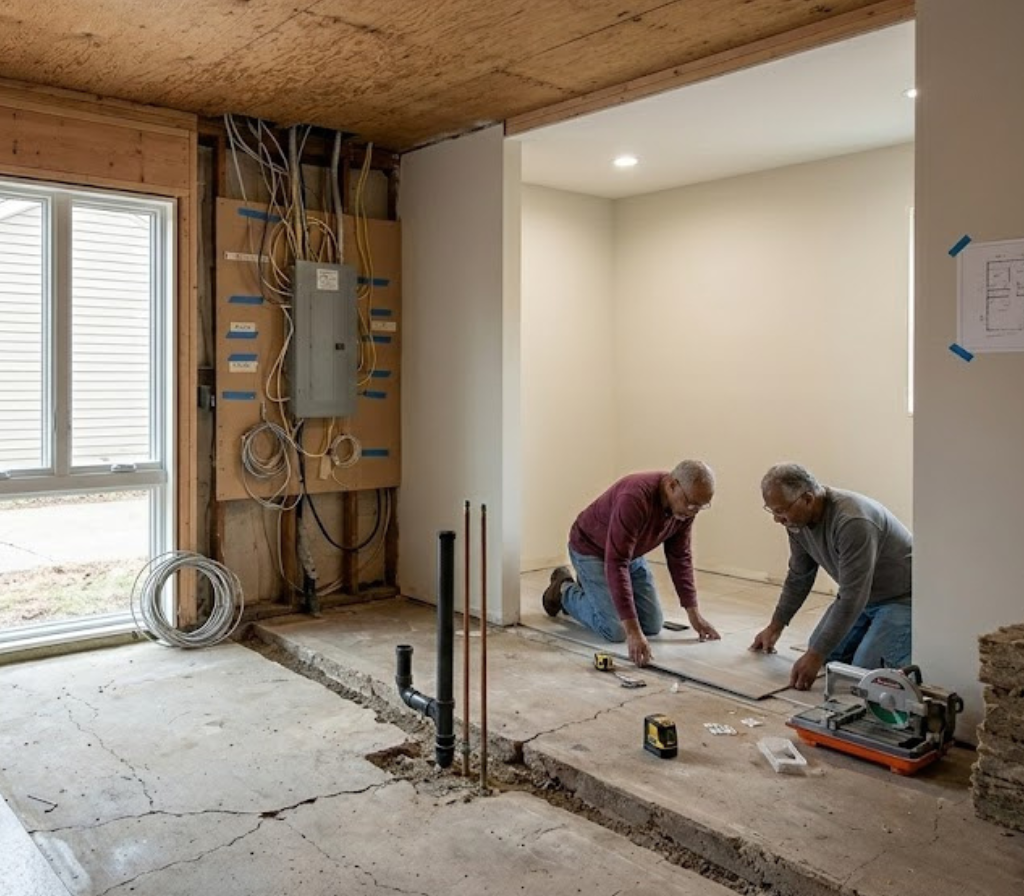 Two men installing laminate flooring in an ADU designed and built from concept to completion.